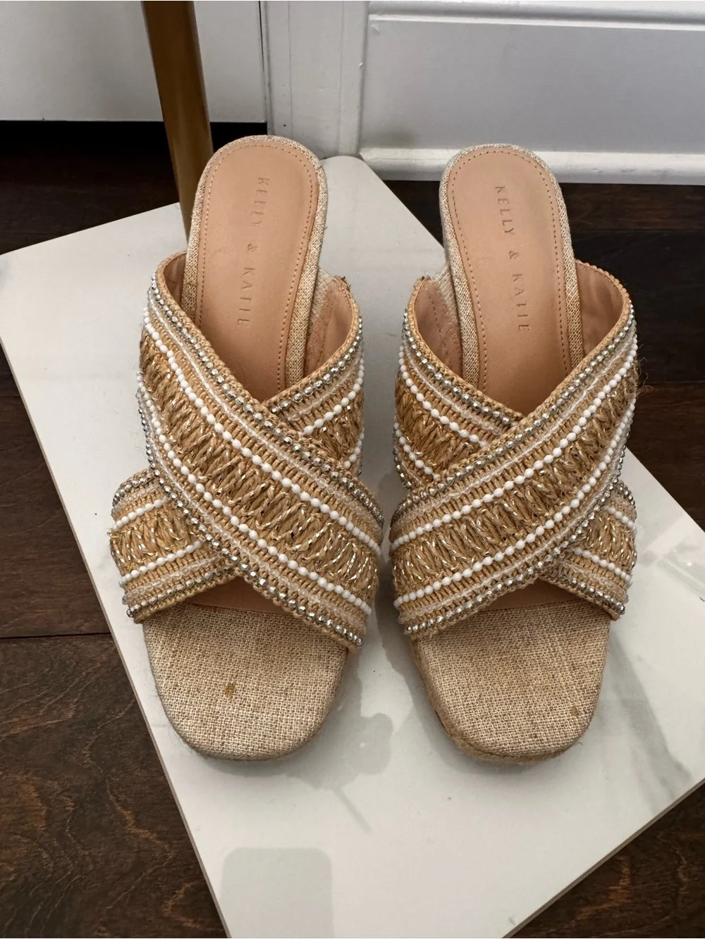 Kelly & Katie Tan Braided Pearl-Embellished Wedge Slides
